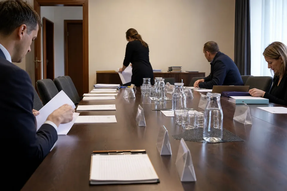 Uczestnicy zajmują miejsca w sali przed zgromadzeniem wierzycieli