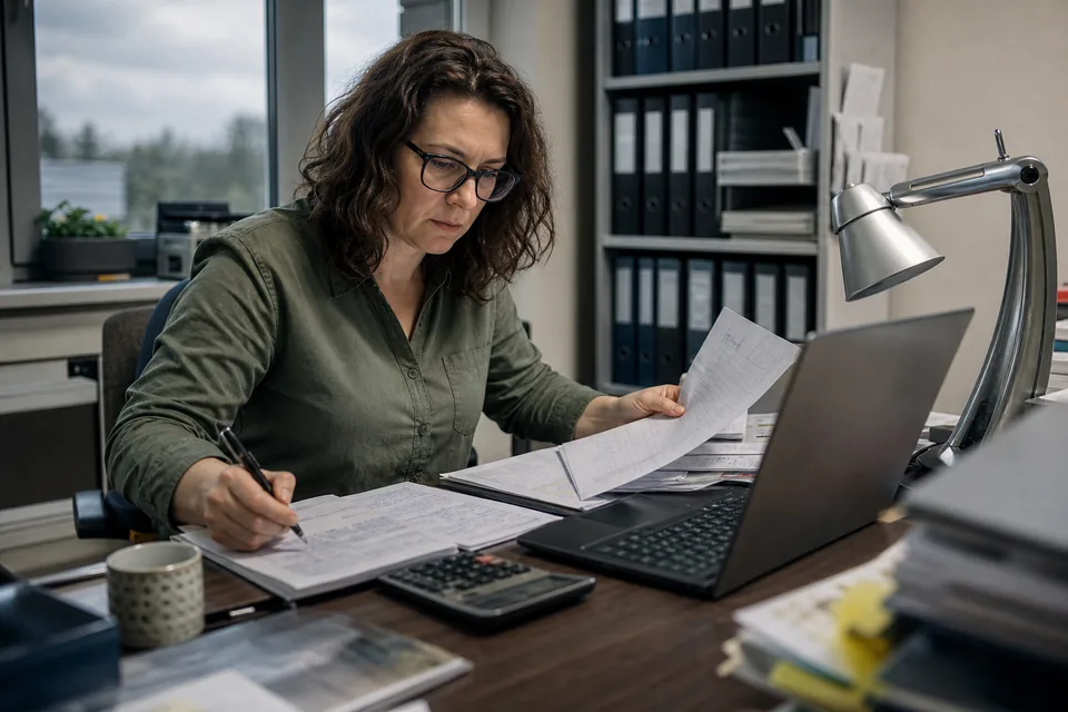 Właścicielka firmy przy laptopie porównuje wydruk propozycji układowych z notatkami